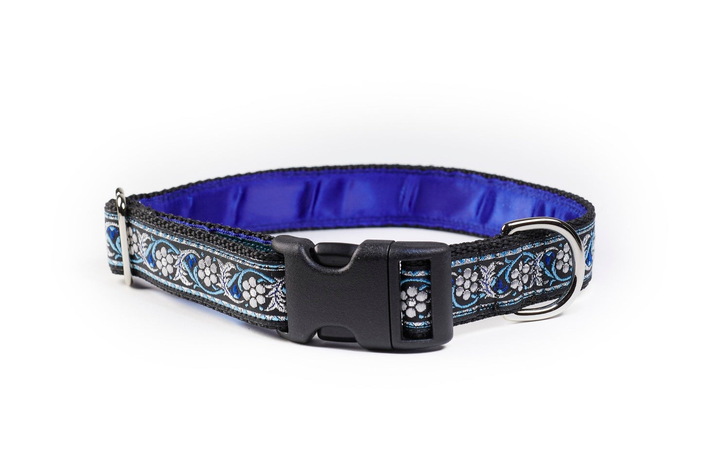 Mackenzie Dog Collar - Designer- 1 inch - Sparkle Blue Flower Side Release Nickel Plated Brass 14-19"