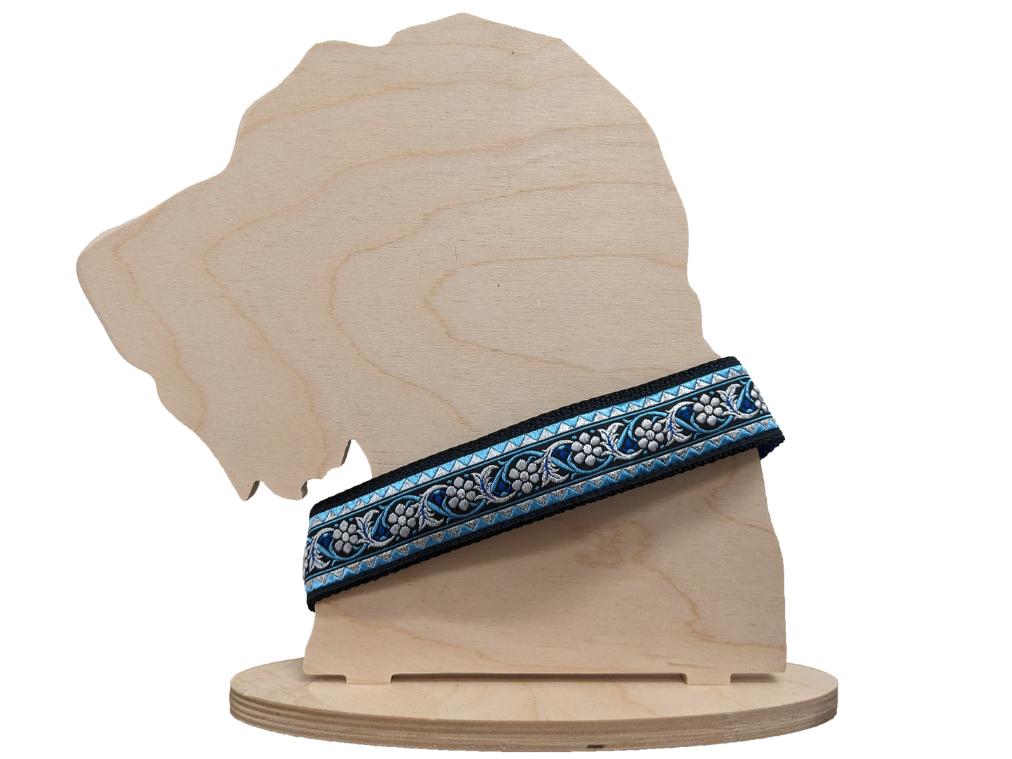 Mackenzie Dog Collar - Designer- 1 inch - Sparkle Blue Flower Side Release Nickel Plated Brass 14-19"